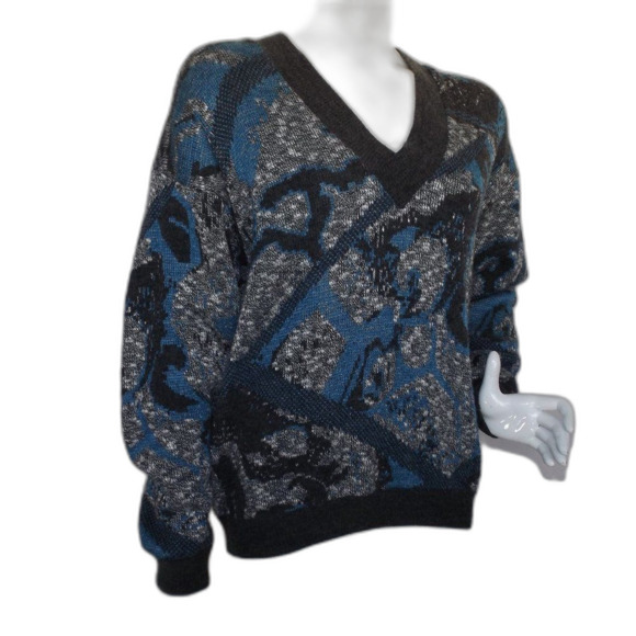 PRINCE BELLINI Sweater, M, Acrylic/Wool, V-neck, Abstract Pattern, VINTAGE - Picture 2 of 10